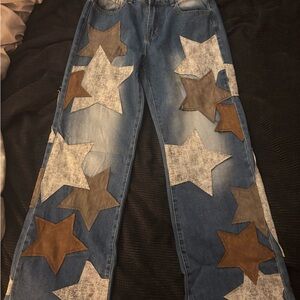 Oh Star Patchwork Wide-Leg Jeans in Blue, Brown & White